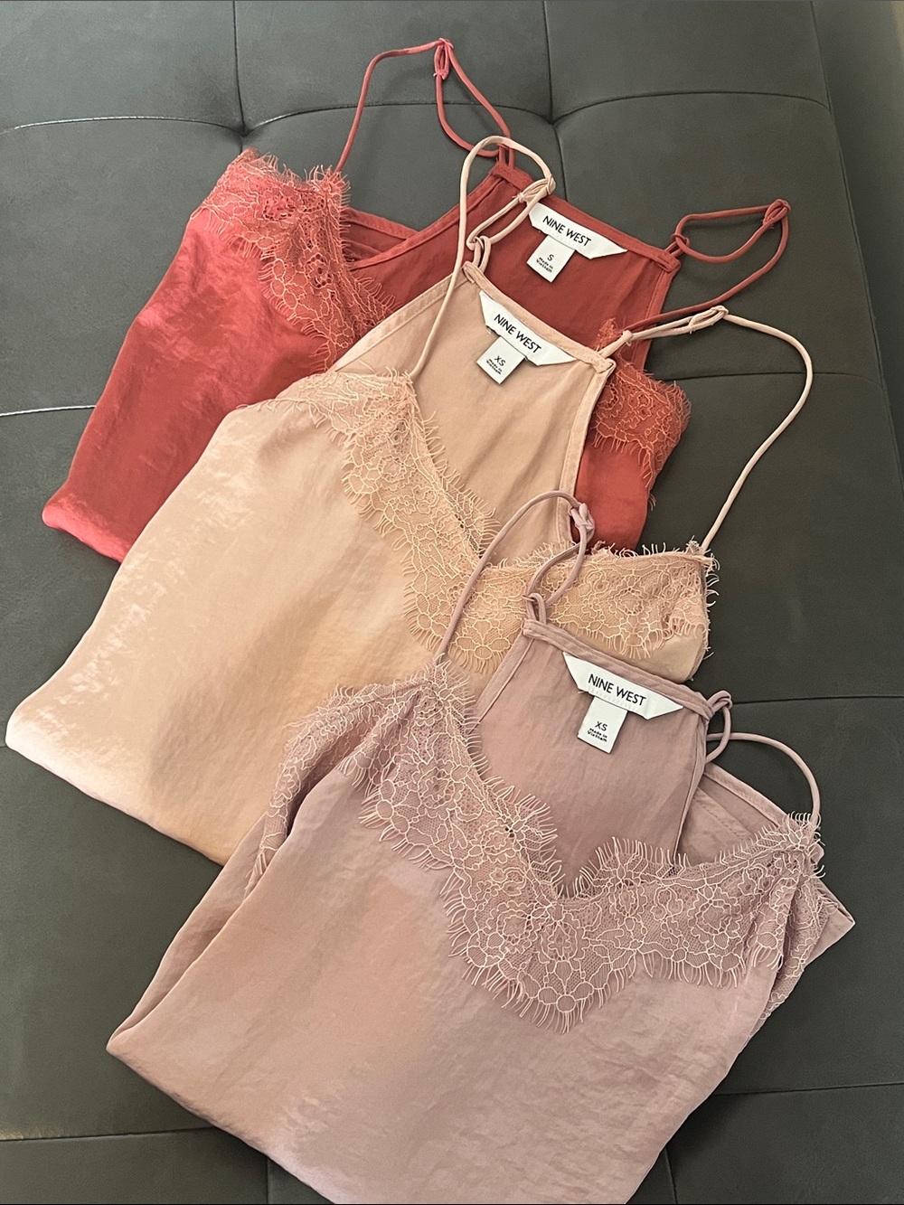 NWOT Nine West Lace-Trim Satin Camisole Trio — Rust, Blush, Mauve